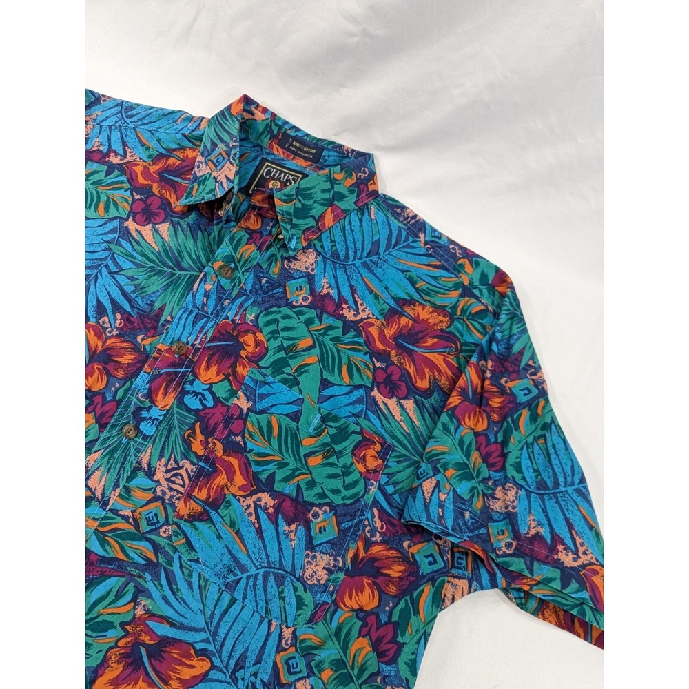 Chaps Ralph Lauren Shirt Big Large Blue Floral Polo Vintage Hawaiian Print‎